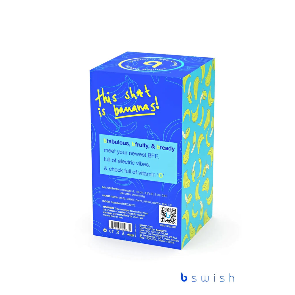 Bswish bcute curve infinite classic limited edition electric blue massage toy in a blue and yellow banana-themed box