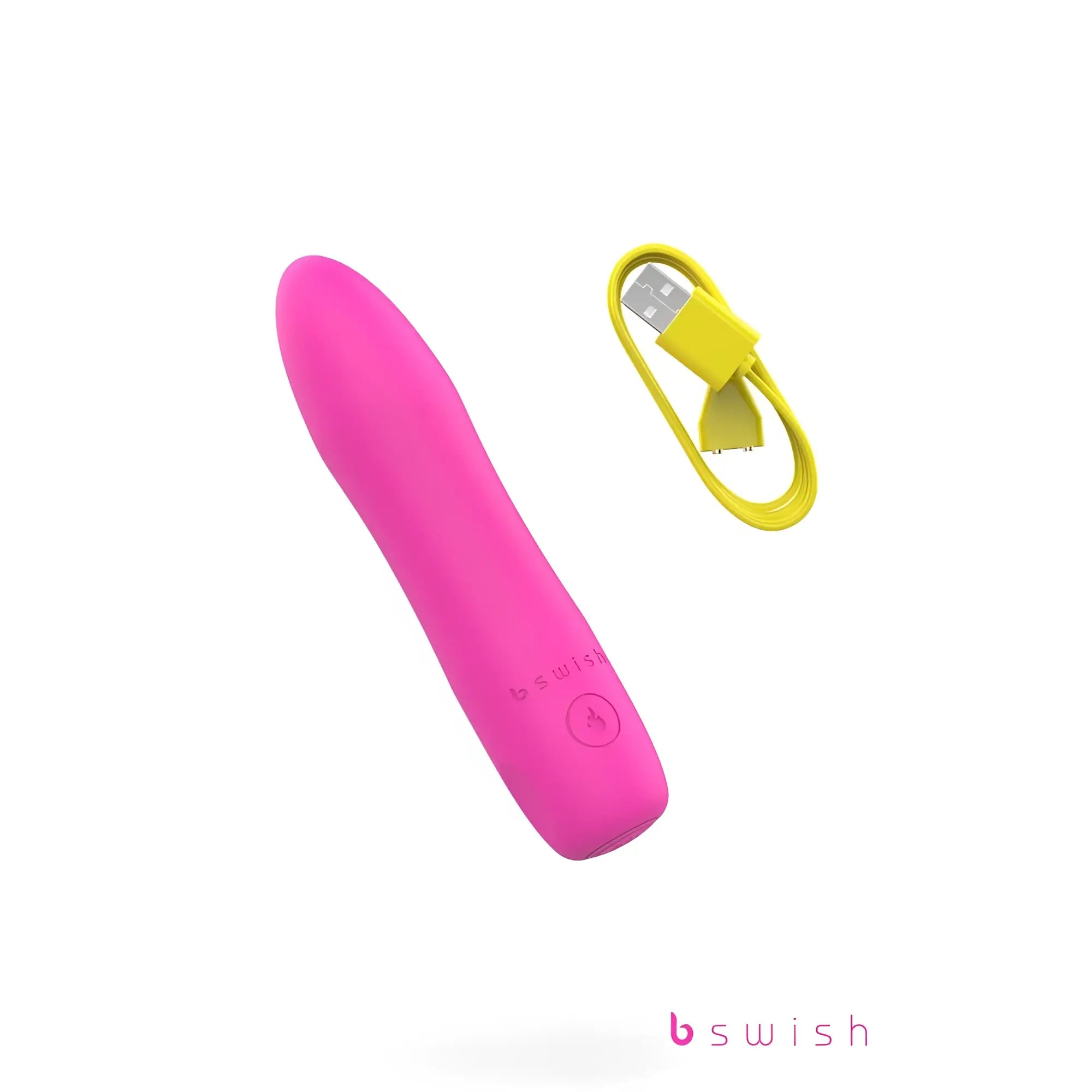 Pink silicone b swish personal pleasure device with infinite heat feature and matching yellow usb charging cable