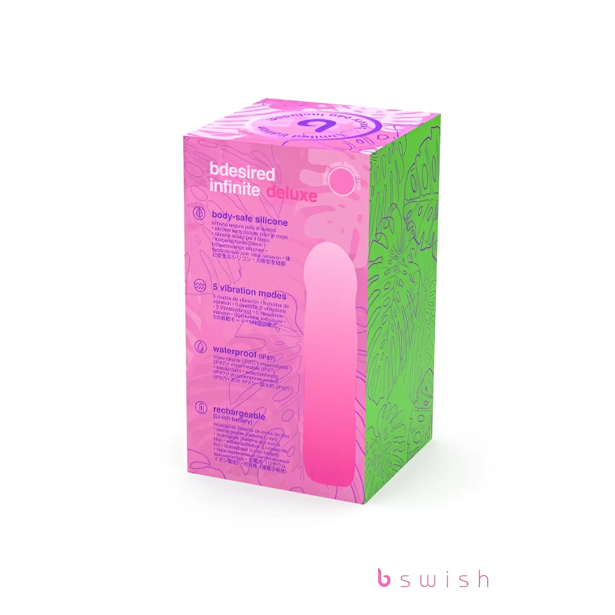Bswish bdesired infinite deluxe flamingo pink body-safe silicone vibrator in pink and green box for discreet use
