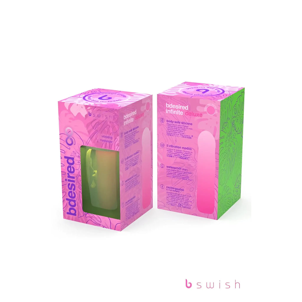 Bswish Bdesired Infinite Deluxe Flamingo Pink body-safe silicone vibrating massager in pink and green packaging