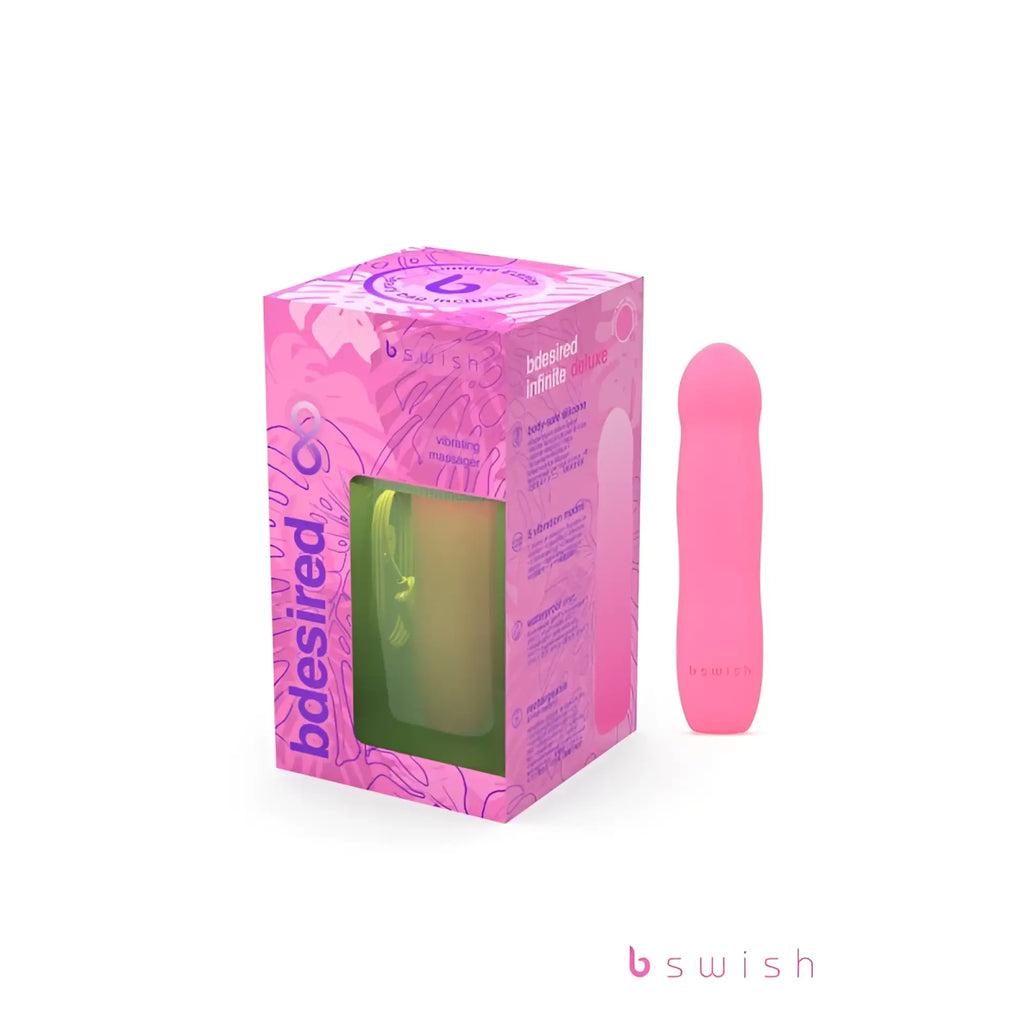 Bswish Bdesired Infinite Deluxe Flamingo Pink vibrating silicone massager with smooth rounded design and subtle branding