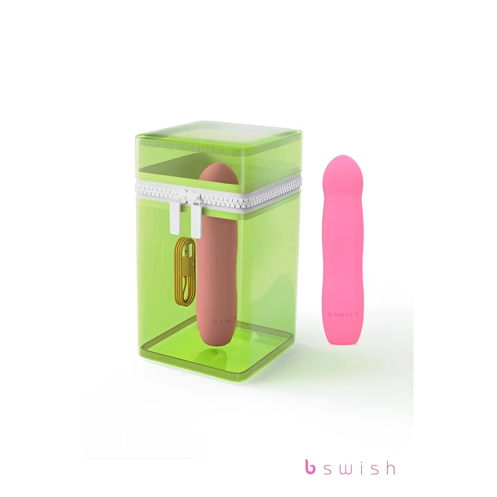 Pink silicone vibrato toy with lime green transparent zippered case from bswish bdesired infinite deluxe flamingo pink