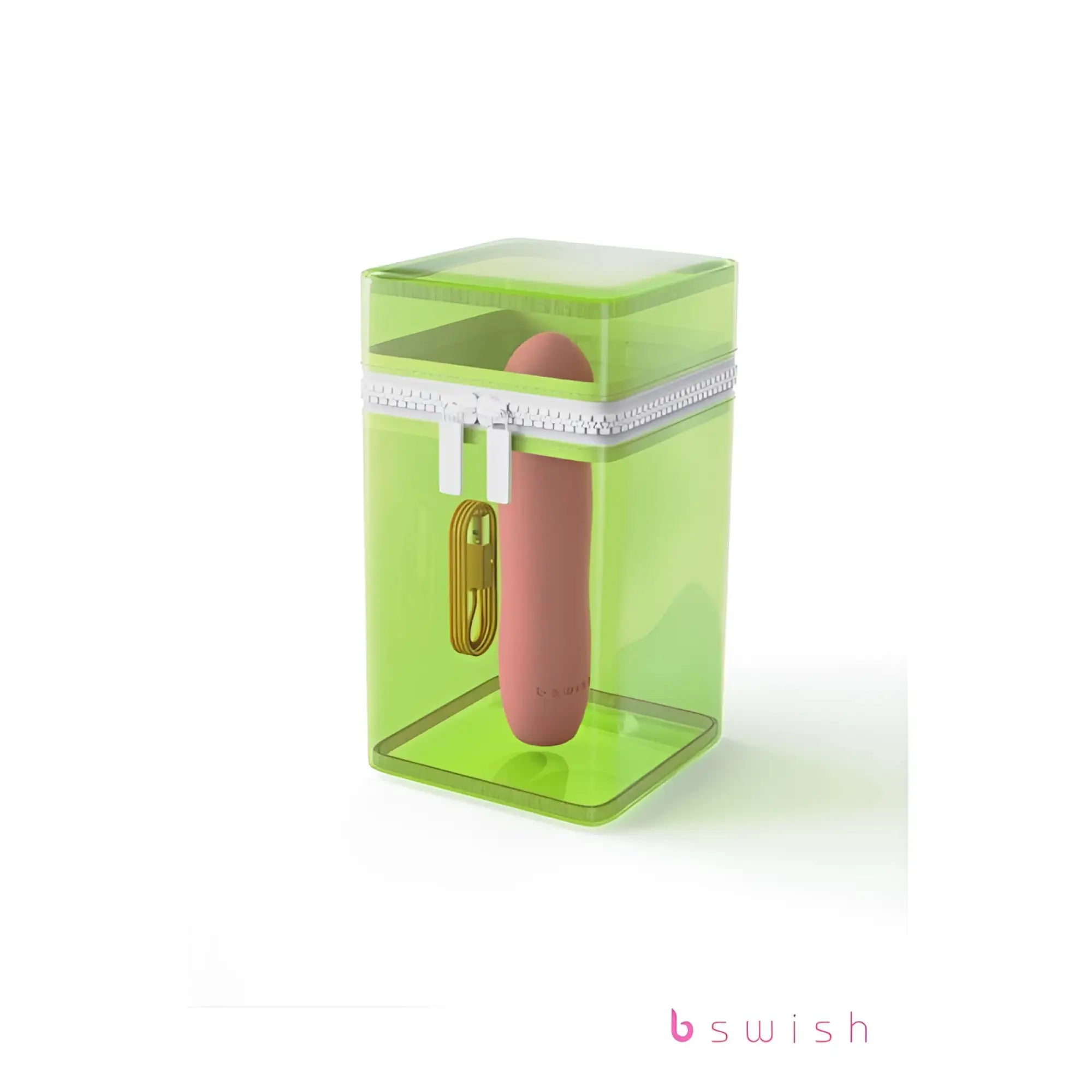 A pink sleek b swish personal pleasure device inside a translucent lime green rectangular case with white zipper