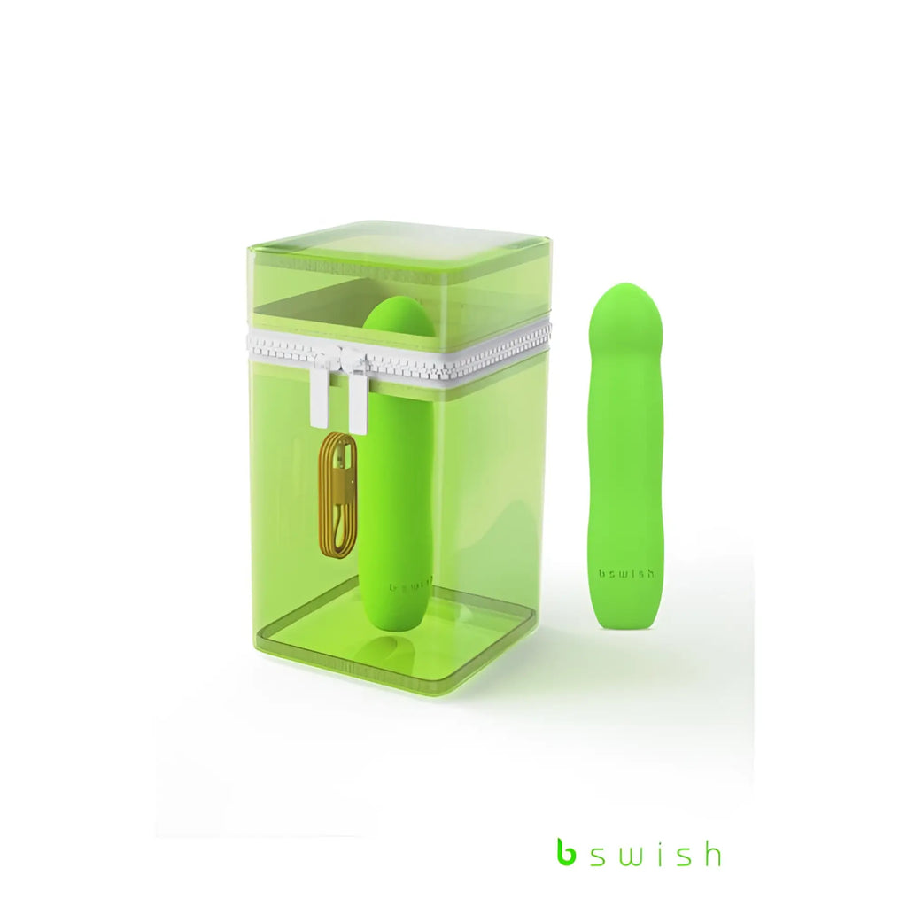Bswish Bdesired Infinite Deluxe Paradise Green bright lime green silicone vibratory toy in transparent box with silver zipper