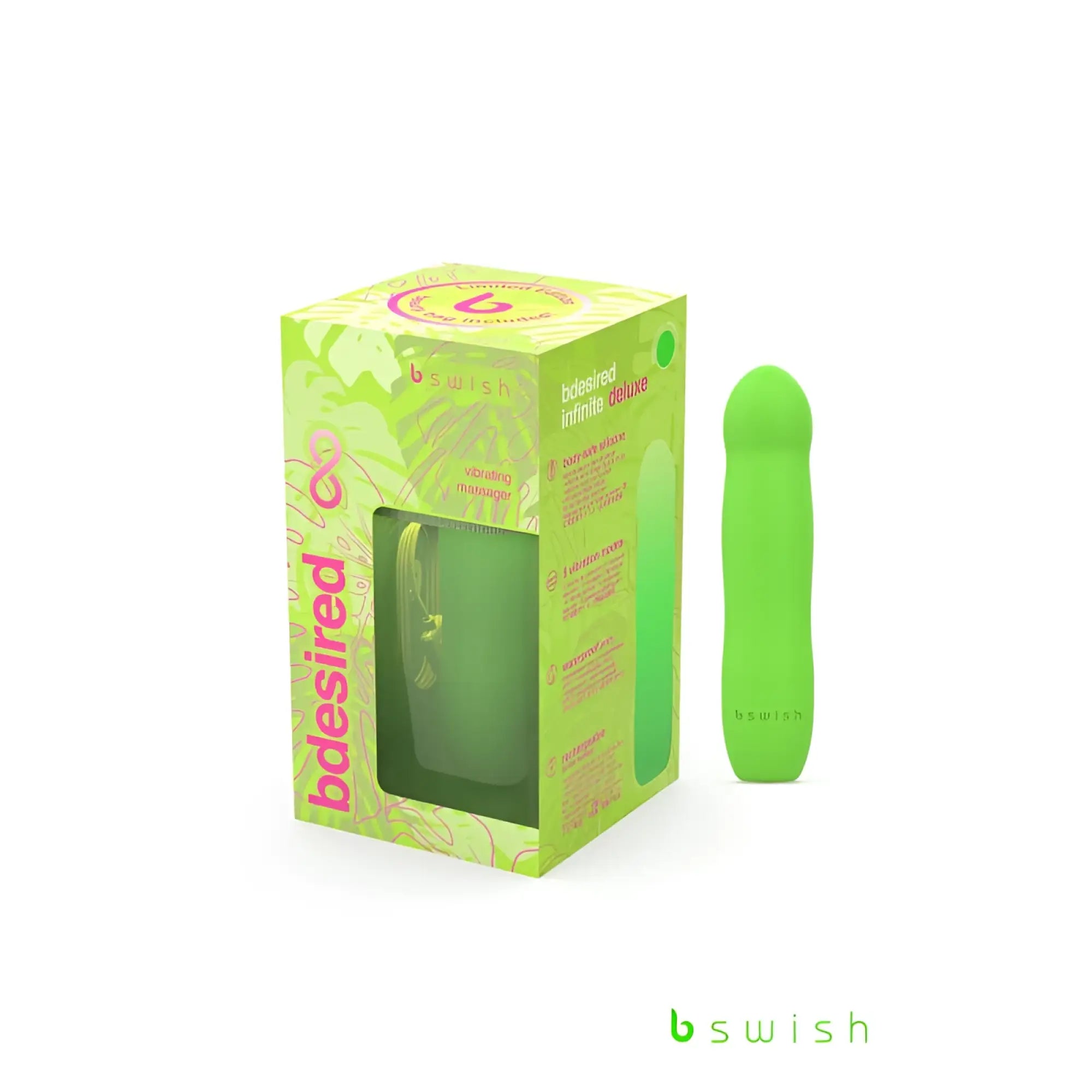 Bright green silicone body massager with sleek design and b swish logo from Bswish Bdesired Infinite Deluxe Paradise Green