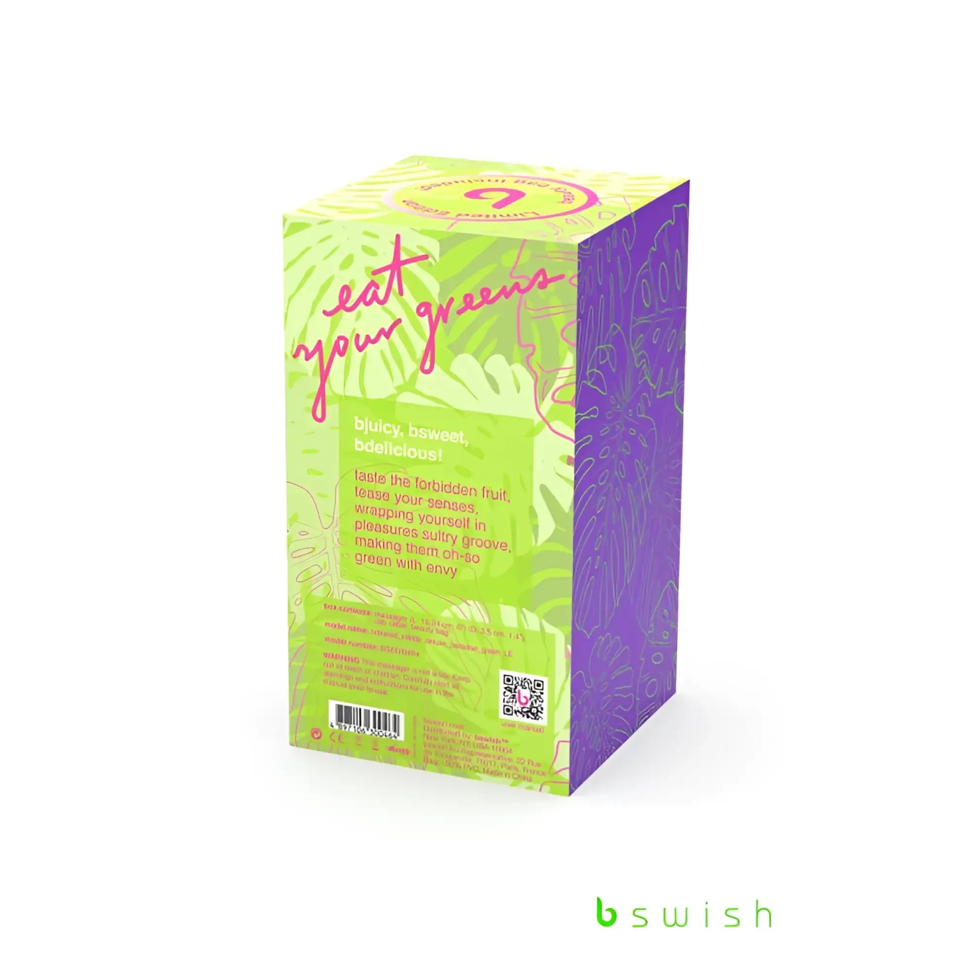 Bswish Bdesired Infinite Deluxe Paradise Green rectangular box with vibrant lime green and purple tropical leaf patterns and eat your greens text in pink cursive