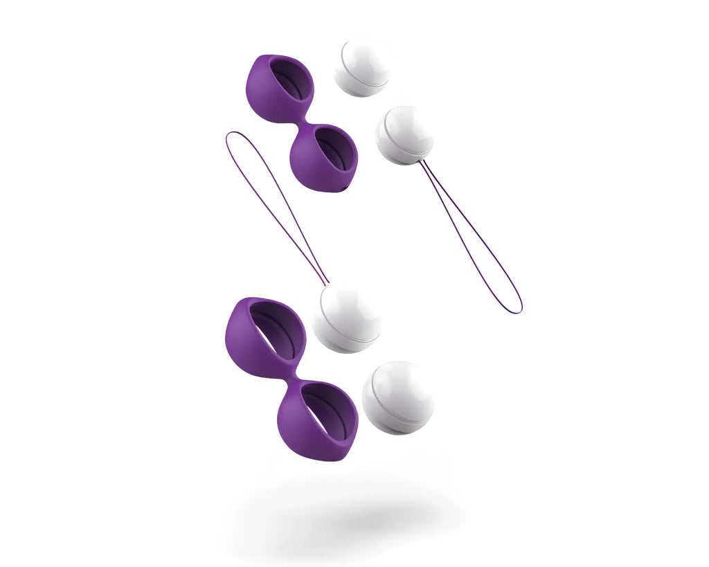 Bswish bfit classic purple love balls are purple and white silicone egg shaped vibrators with attached strings