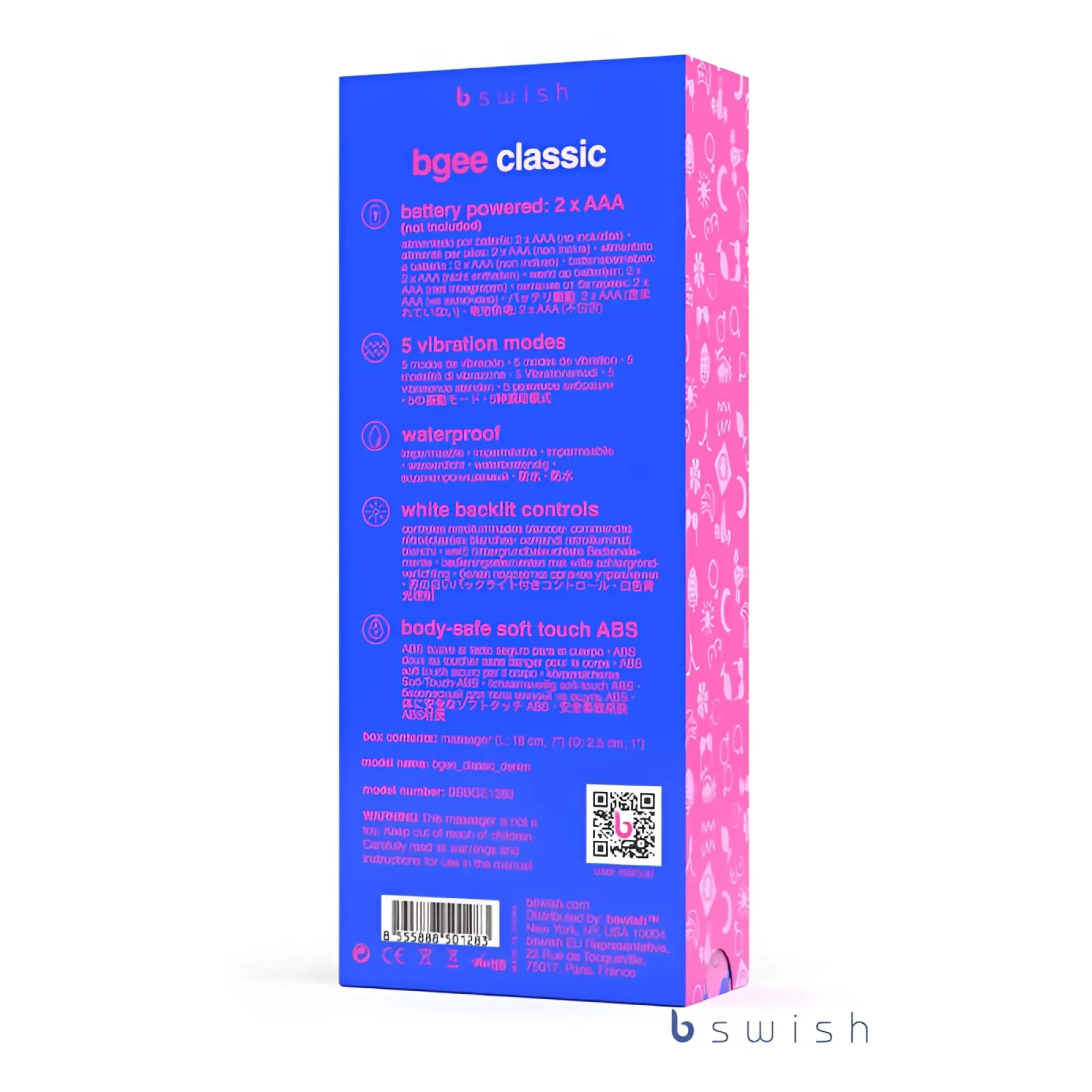 The bswish bgee classic denim is a battery-powered waterproof vibrator with white backlit controls and soft touch abs material