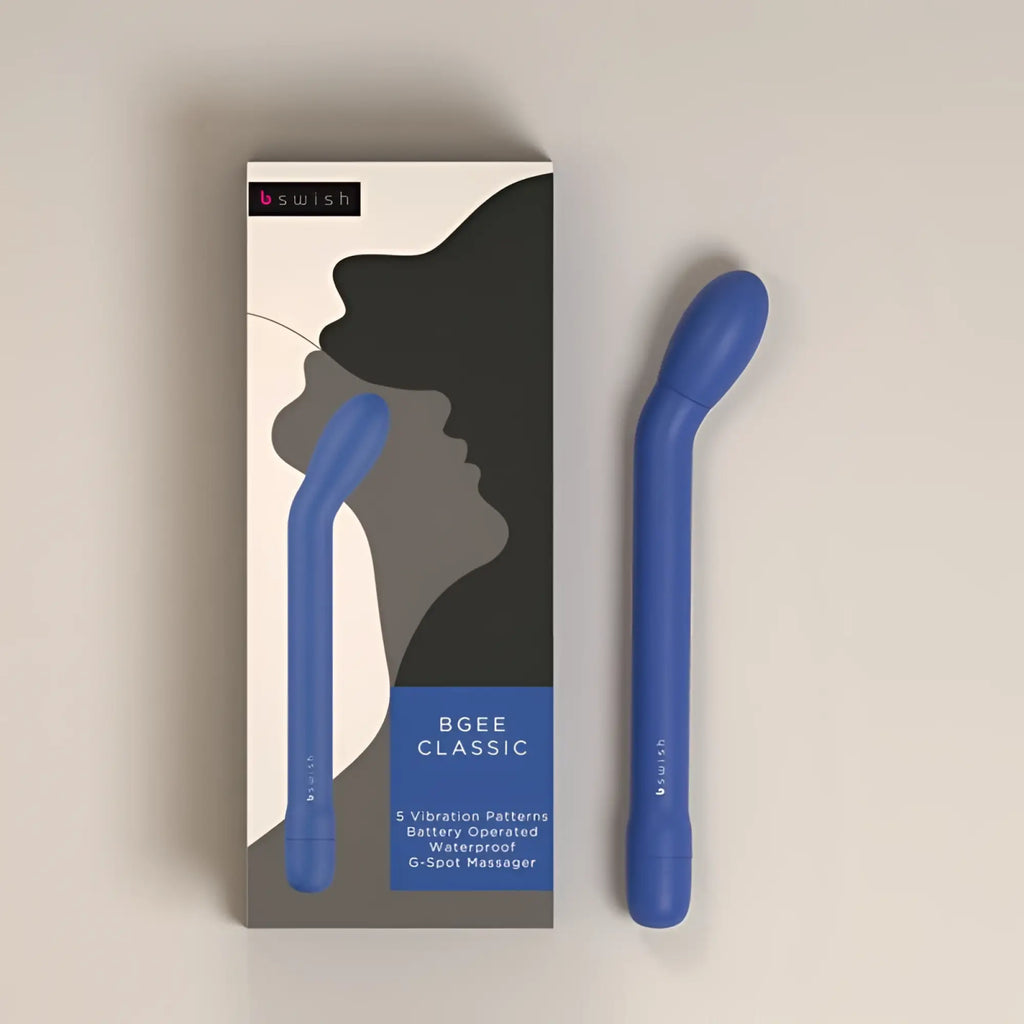 Blue bswish bgee classic waterproof g-spot massager with curved smooth design in denim color and battery operated
