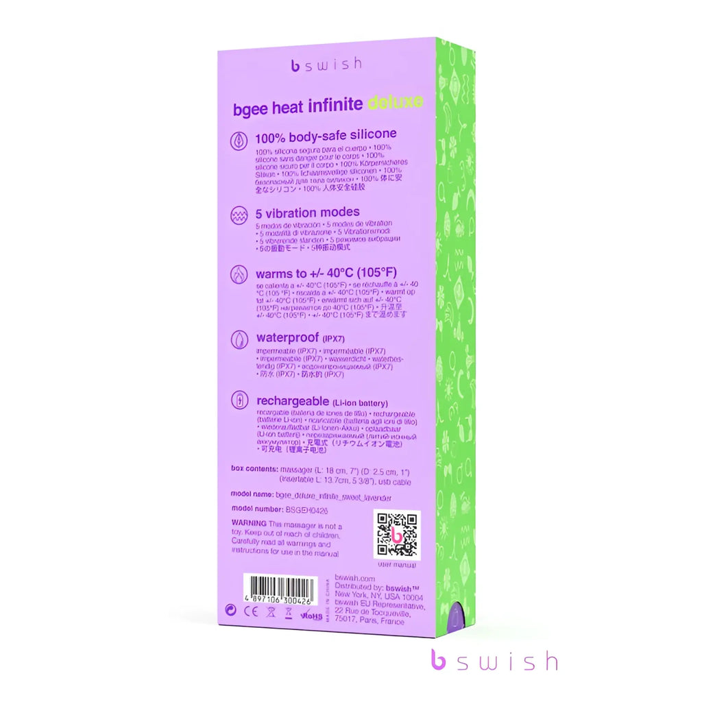 Purple and green packaging for b swish bgee heat infinite deluxe sweet lavender massage device with heat function