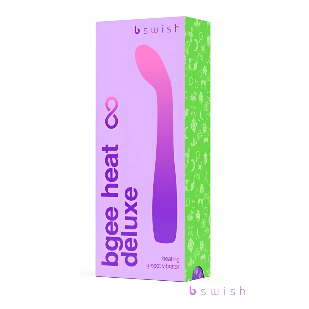 Purple and pink gradient silicone g-spot vibrator with heating feature in branded Bswish Bgee Heat Infinite Deluxe packaging