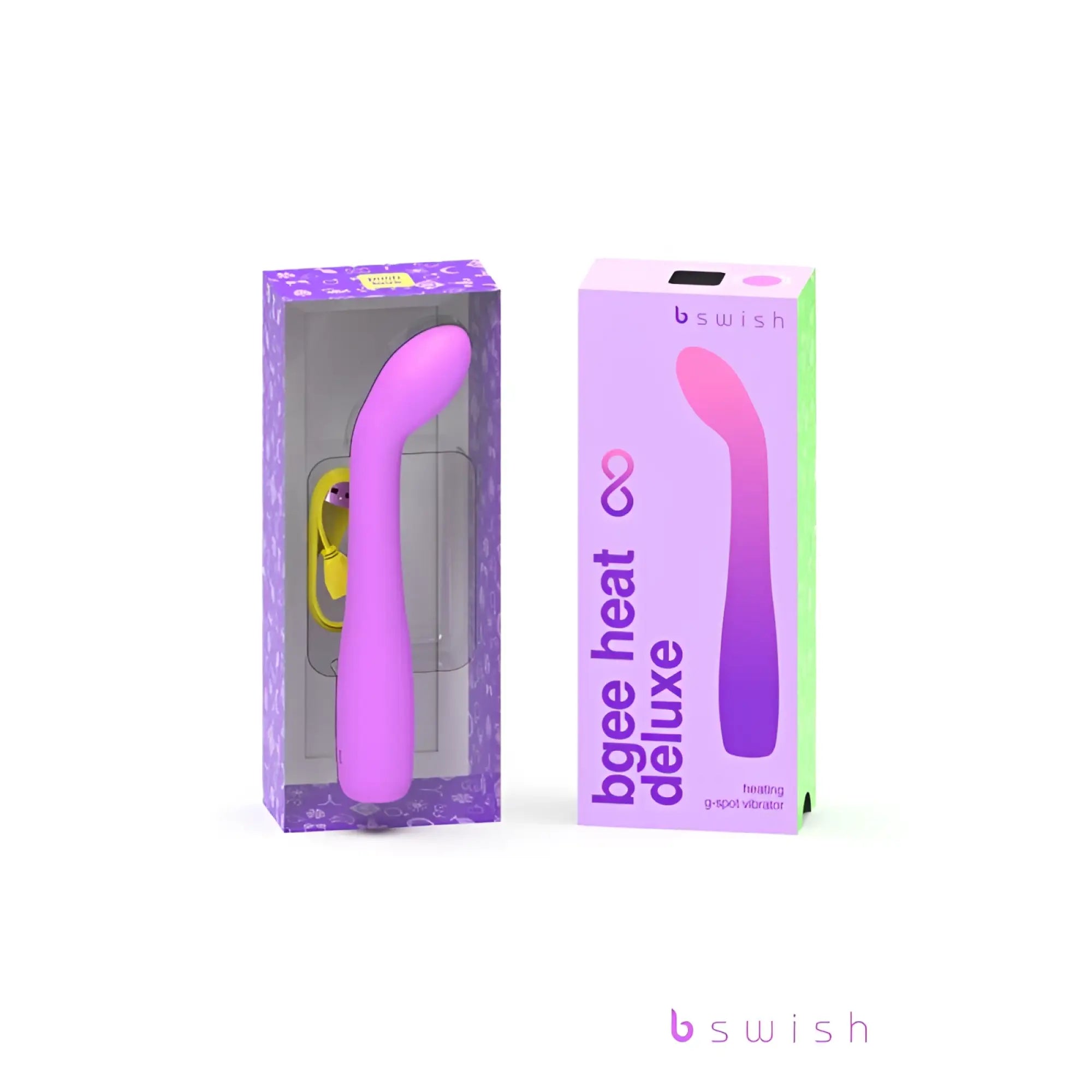 Purple silicone bswish bgee heat infinite deluxe g-spot vibrator in packaging designed for heat stimulation