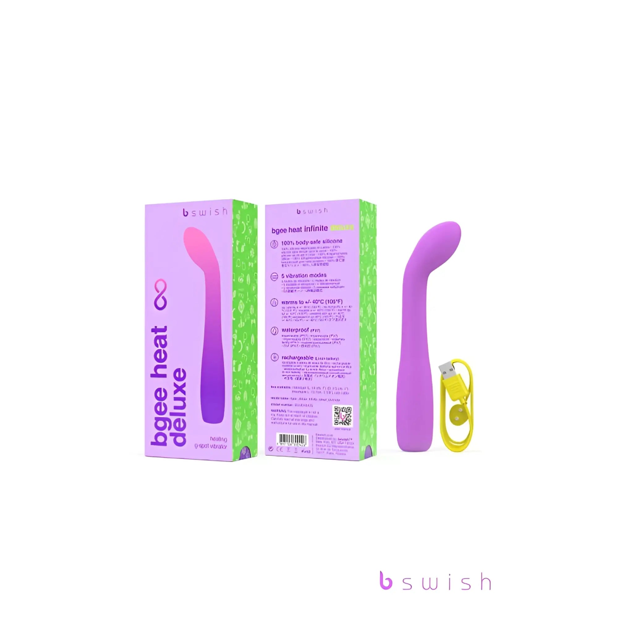 Bswish Bgee Heat Infinite Deluxe smart vibrator in purple silicone with ergonomic curved design and yellow USB charging cable