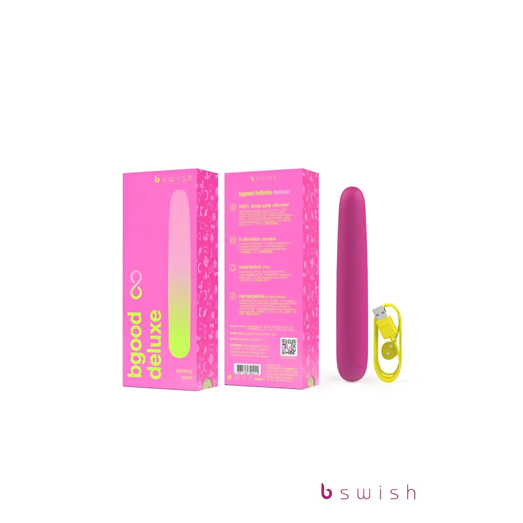 Bswish Bgood Infinite Deluxe Rose sleek silicone body wand in gradient pink to lime green with smooth rounded design and packaging