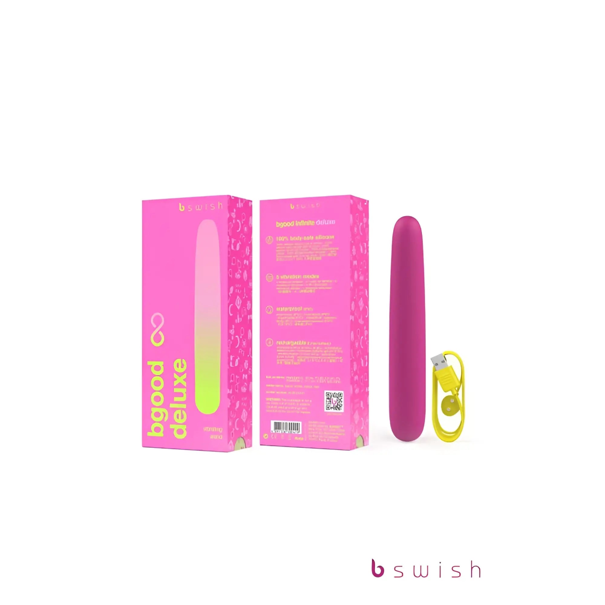 Bswish Bgood Infinite Deluxe Rose sleek silicone body wand in gradient pink to lime green with smooth rounded design and packaging