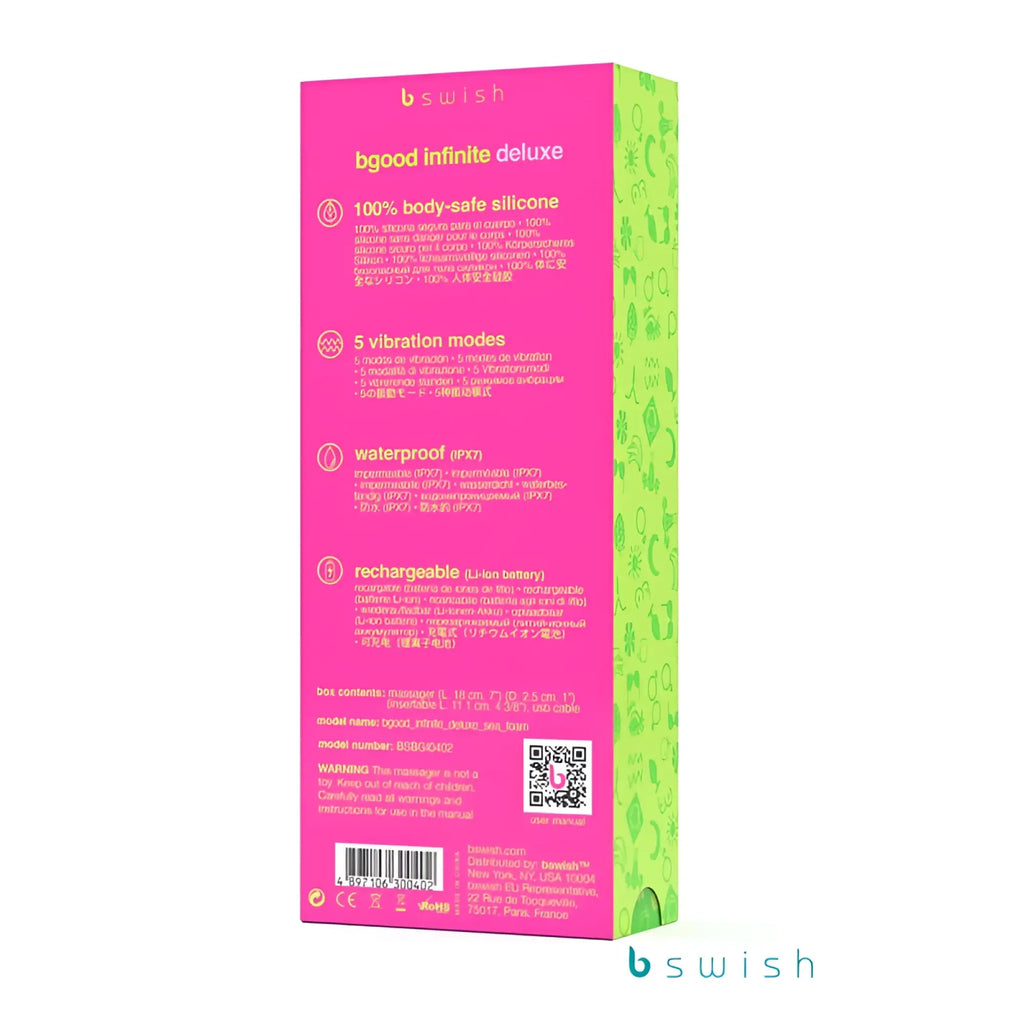 Bright pink and lime green rectangular box for the bswish bgood infinite deluxe silicone vibrator in sea foam color