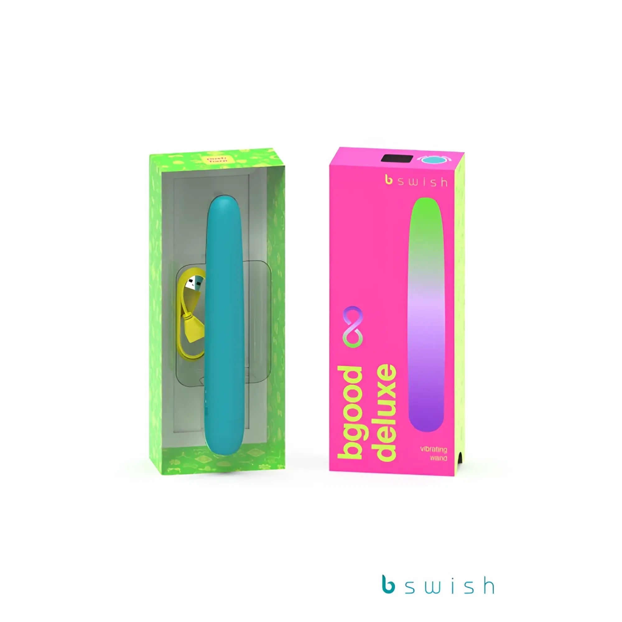 A sleek teal bswish bgood infinite deluxe vibrating wand with smooth gradient finish and yellow charging cable