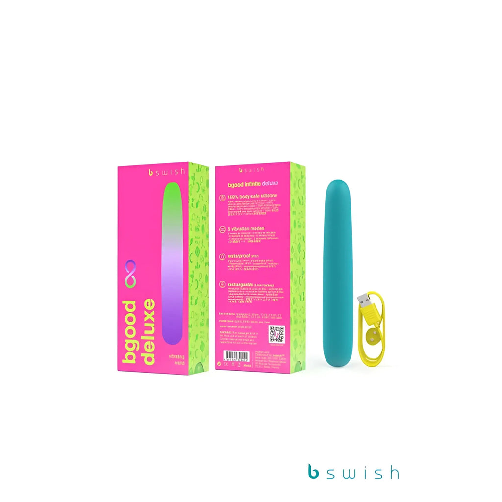 Teal bswish bgood infinite deluxe sea foam vibrational device with sleek curves and yellow usb charging cable