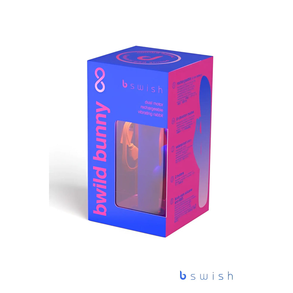 A translucent pink and blue box containing the bswish bwild bunny vibrating rabbit toy with dual motors in pacific blue