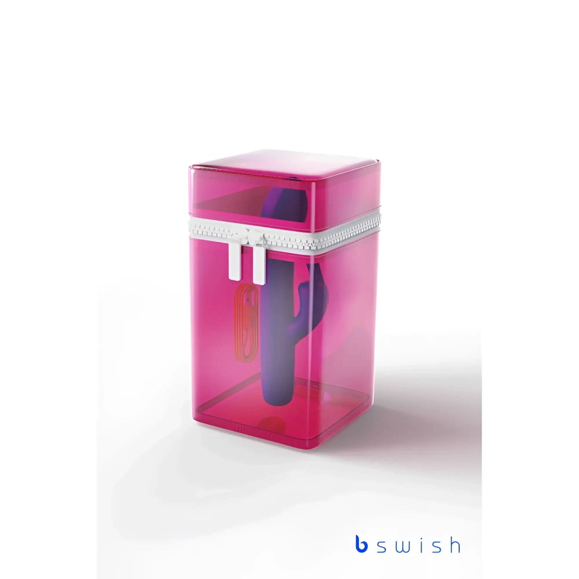 A translucent pink rectangular container with silver zipper holds a purple cactus-shaped object from Bswish Bwild Bunny Pacific Blue limited edition