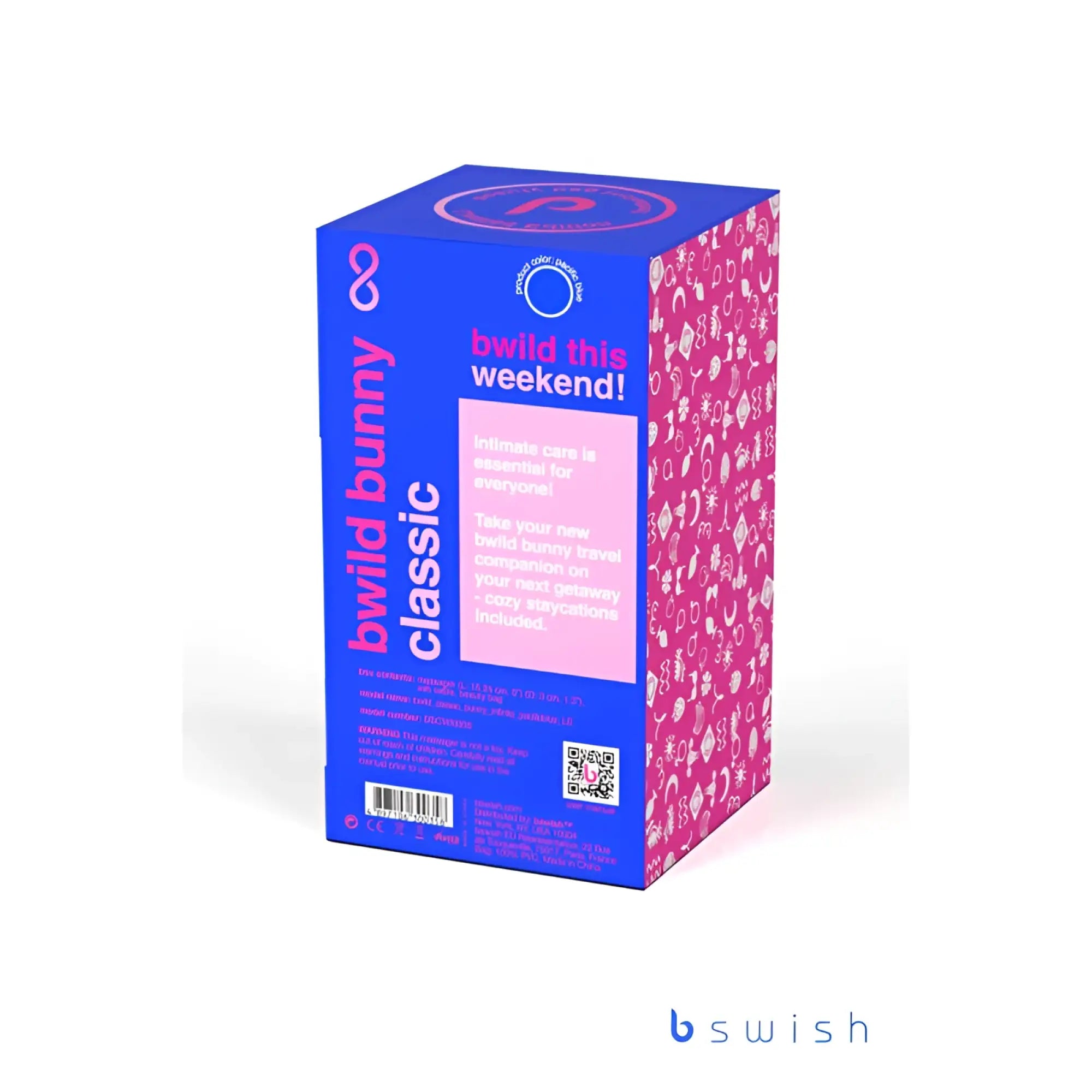 A vibrant blue and pink bswish bwild bunny classic infinite limited edition pacific blue box with playful white icons