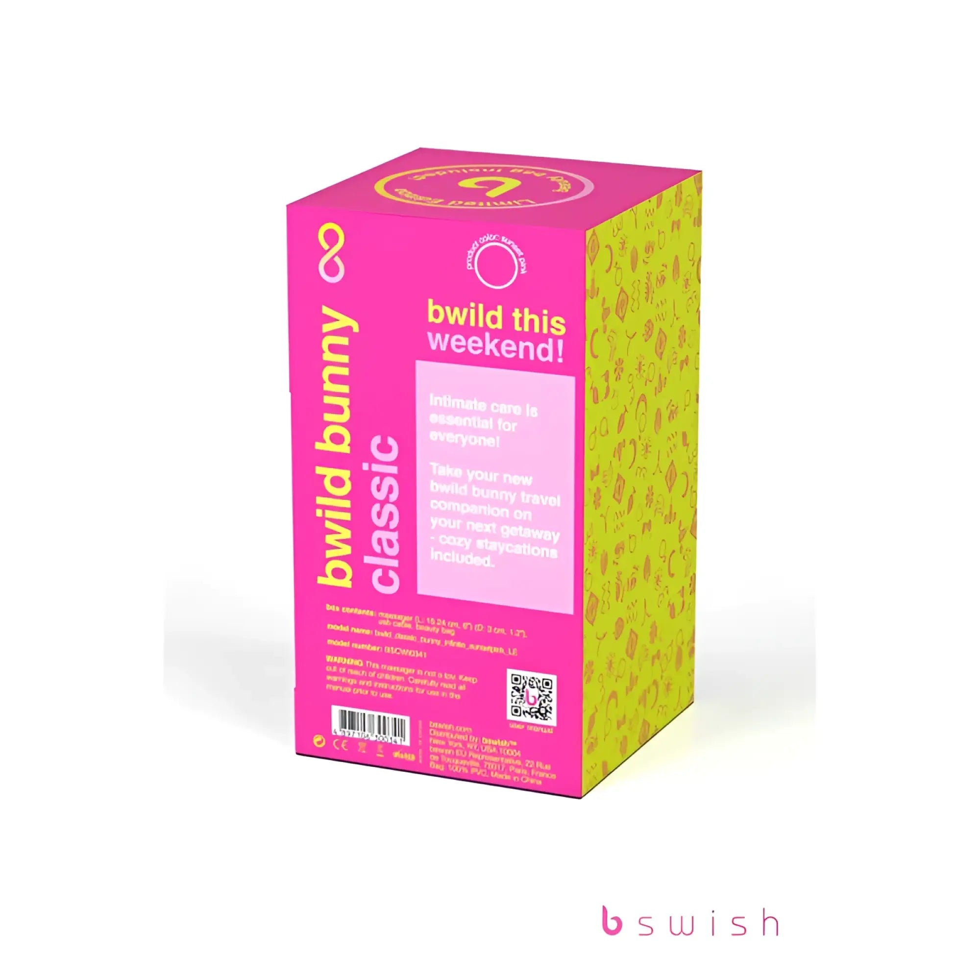 A vibrant pink and lime green cardboard box for the Bswish Bwild Bunny Classic Infinite Limited Edition travel kit