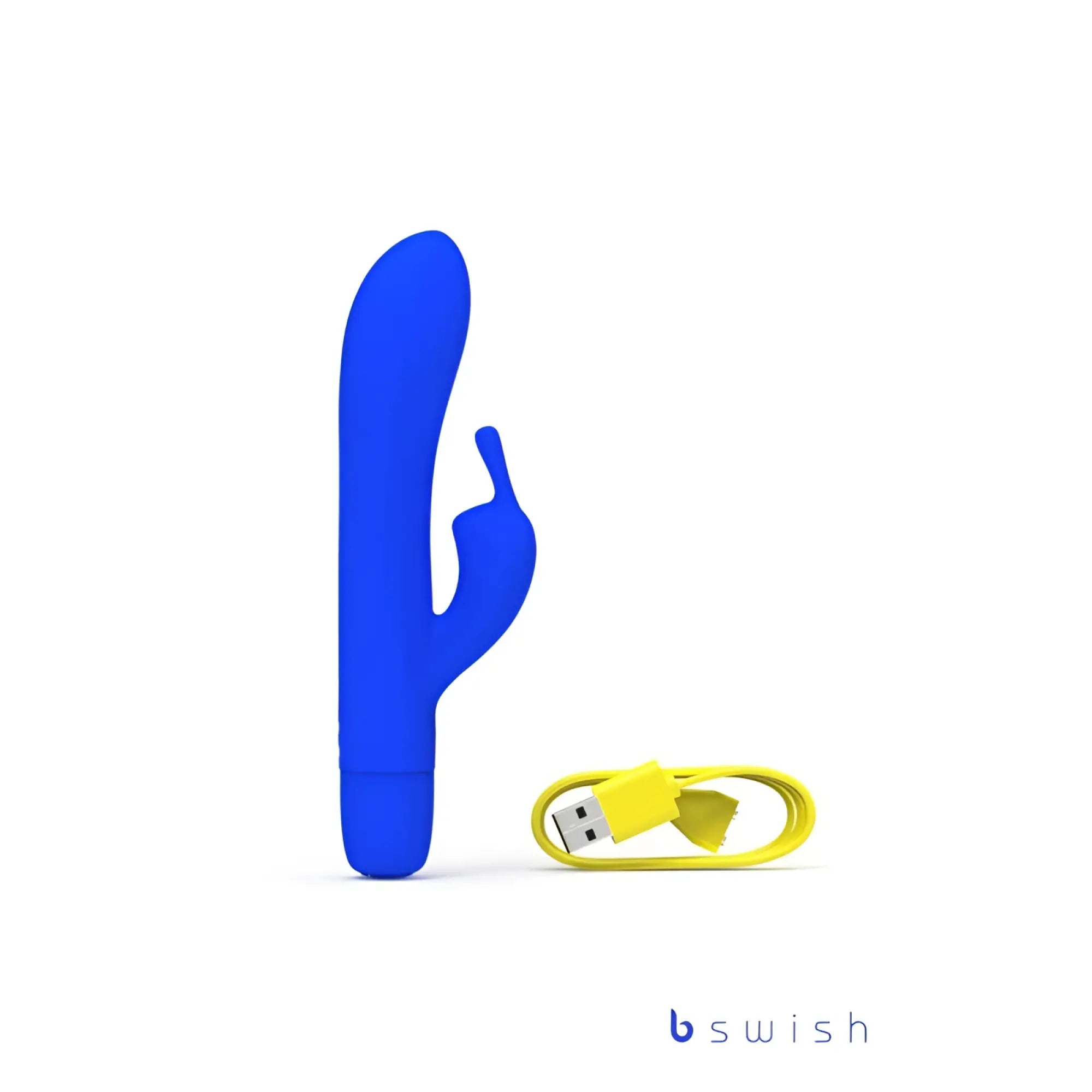 Blue silicone rabbit-shaped vibrator with yellow usb charging cable from Bswish Bwild Bunny Classic Infinite Pacific Blue