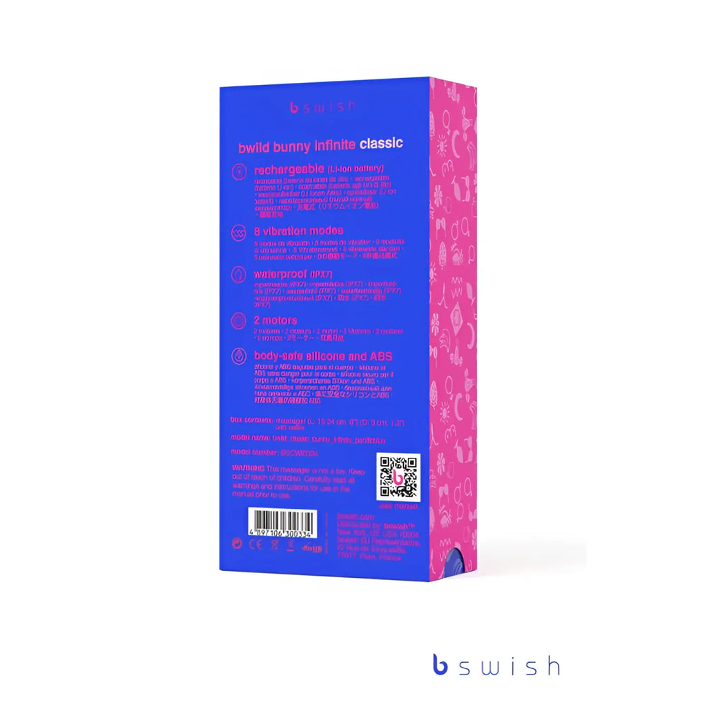 The vibrant blue and pink packaging for the bswish bwild bunny classic infinite pacific blue features playful white icons on its side