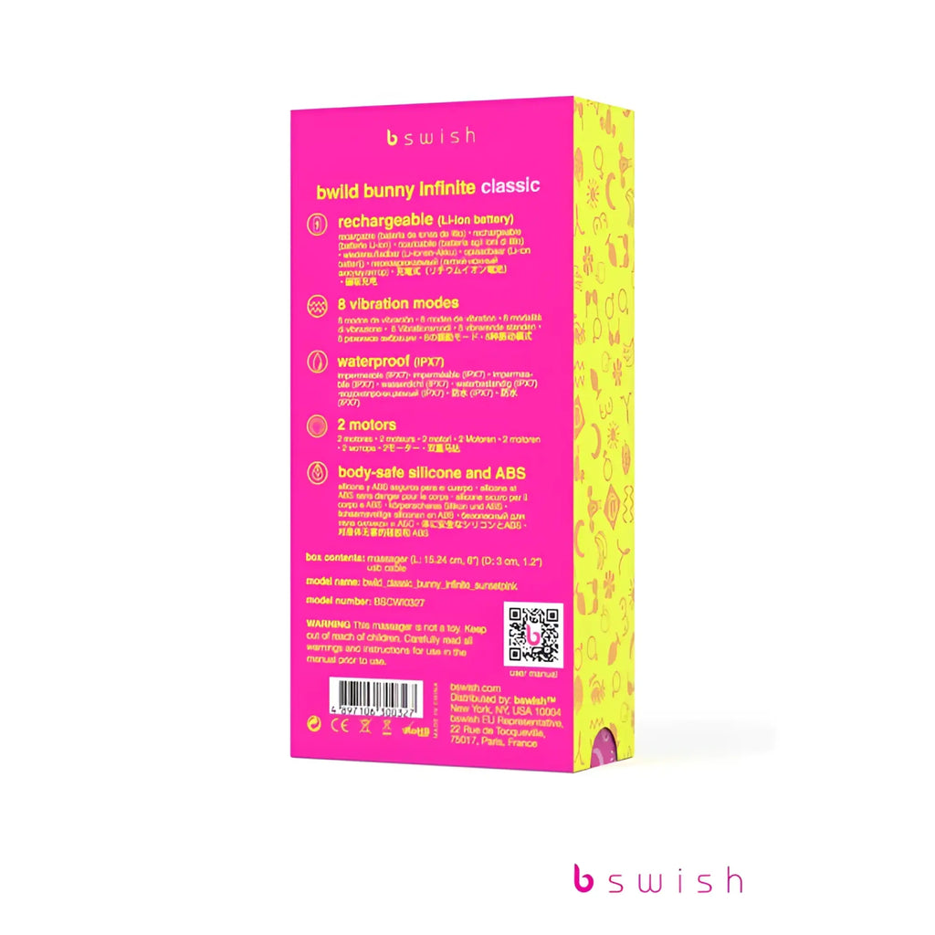 Bright pink and lime green box for the bswish bwild bunny classic infinite massager in sunset pink color