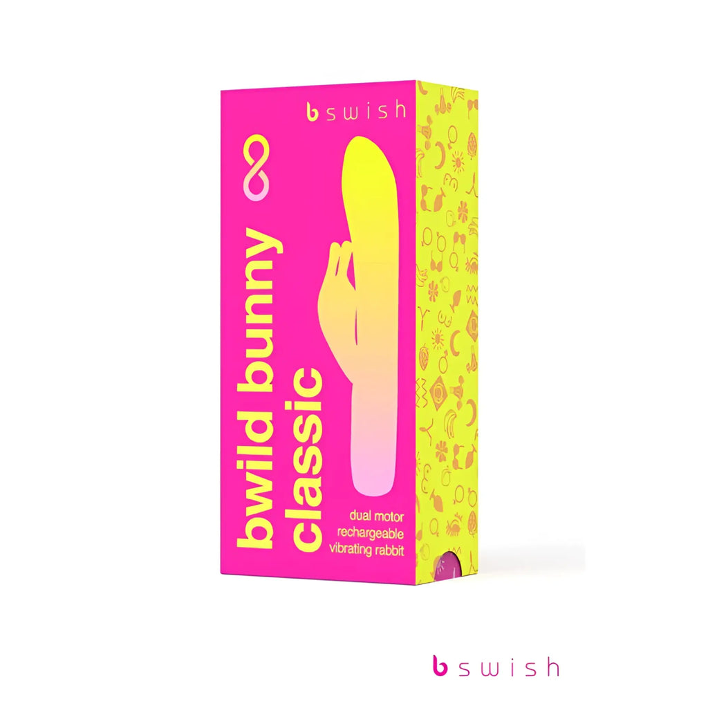A vibrant pink and yellow bswish bwild bunny classic box with a gradient bunny vibrator featuring dual motor rechargeable technology