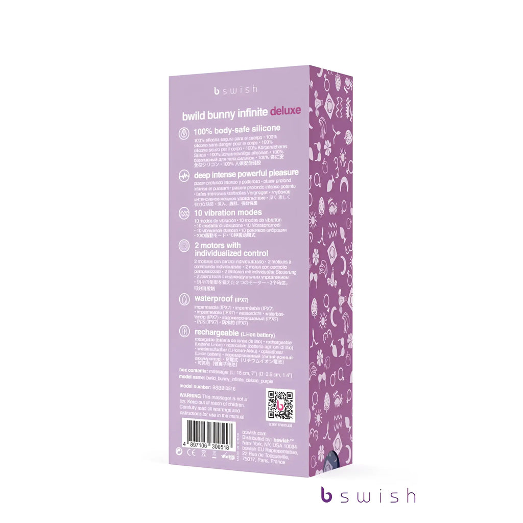 Purple packaging box for the b swish bwild bunny infinite deluxe featuring a pattern of white and light purple icons