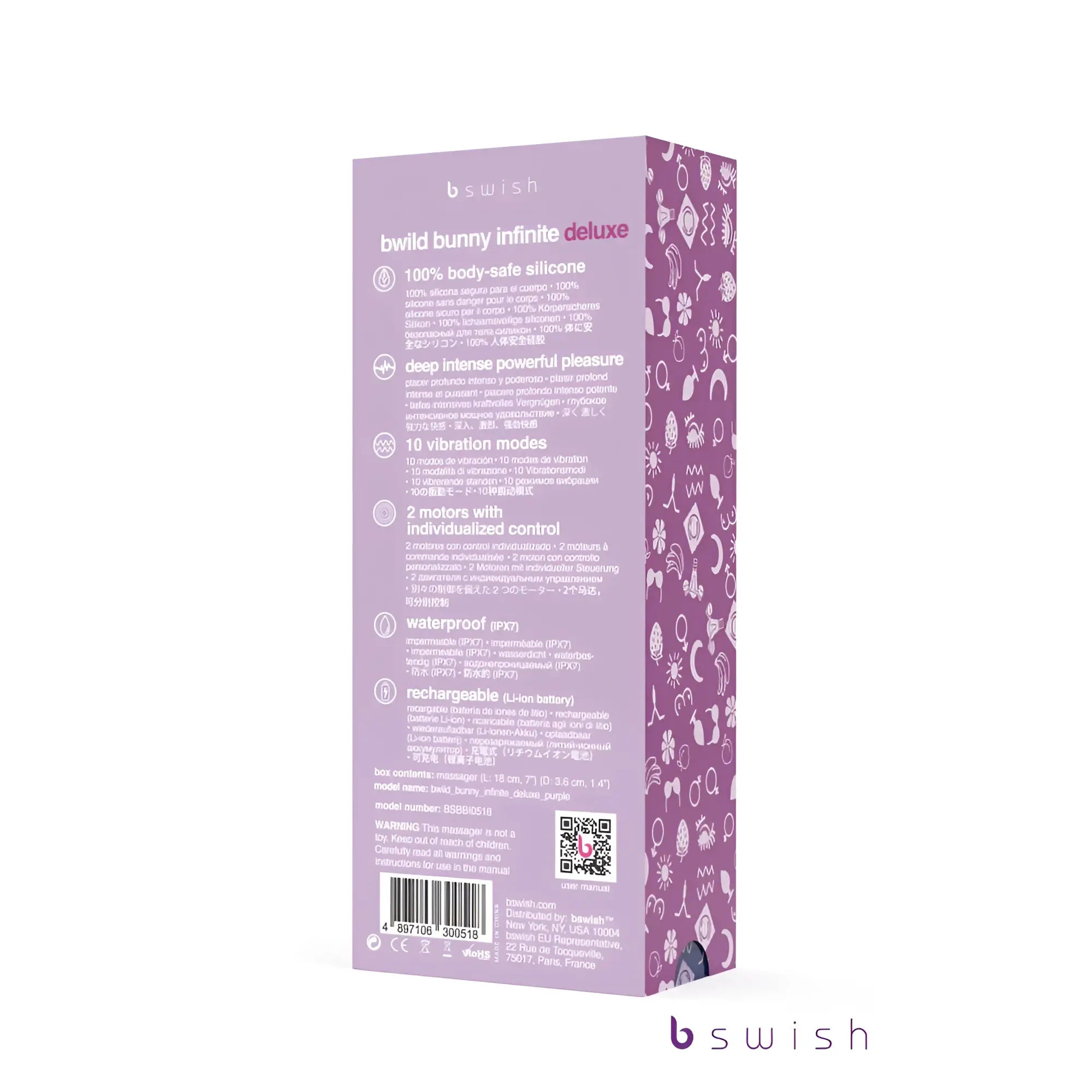 Purple packaging box for the b swish bwild bunny infinite deluxe featuring a pattern of white and light purple icons