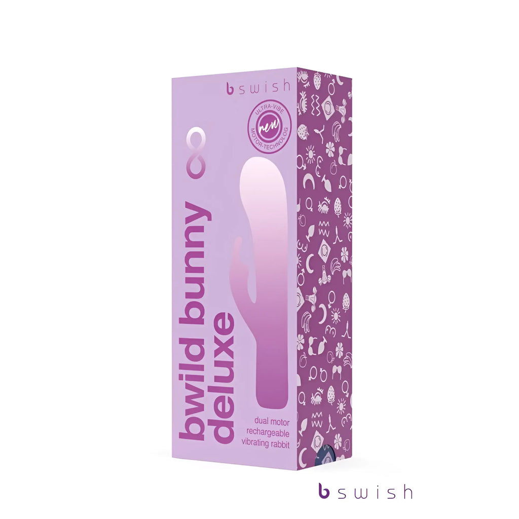 Purple and pink gradient packaging for bswish bwild bunny deluxe vibrating rabbit for intimate pleasure