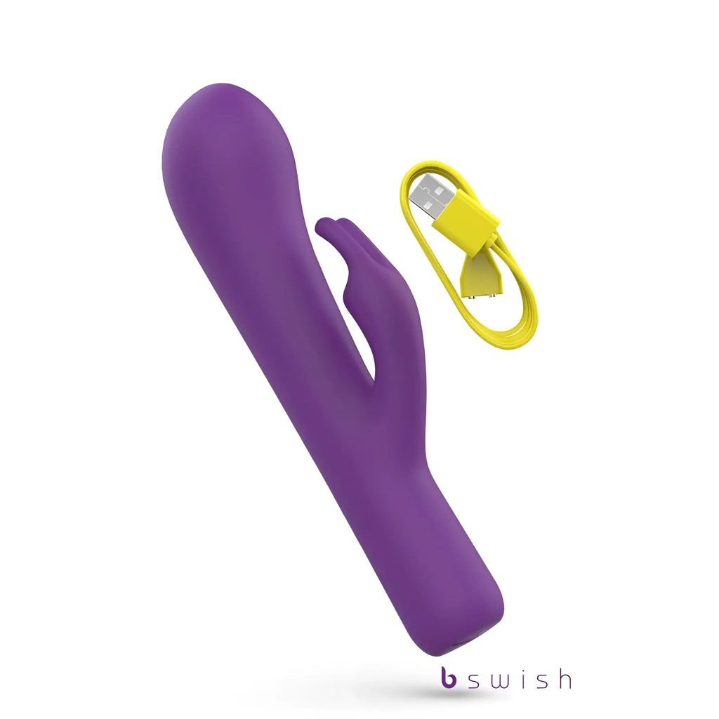 Purple silicone rabbit-shaped vibrator with yellow usb charging cable bswish bwild bunny infinite deluxe purple