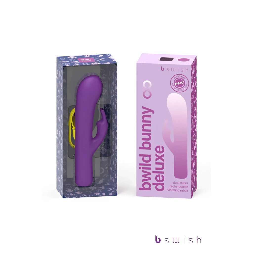 Purple silicone bunny-shaped vibrator in branded packaging by Bswish Bwild Bunny Infinite Deluxe