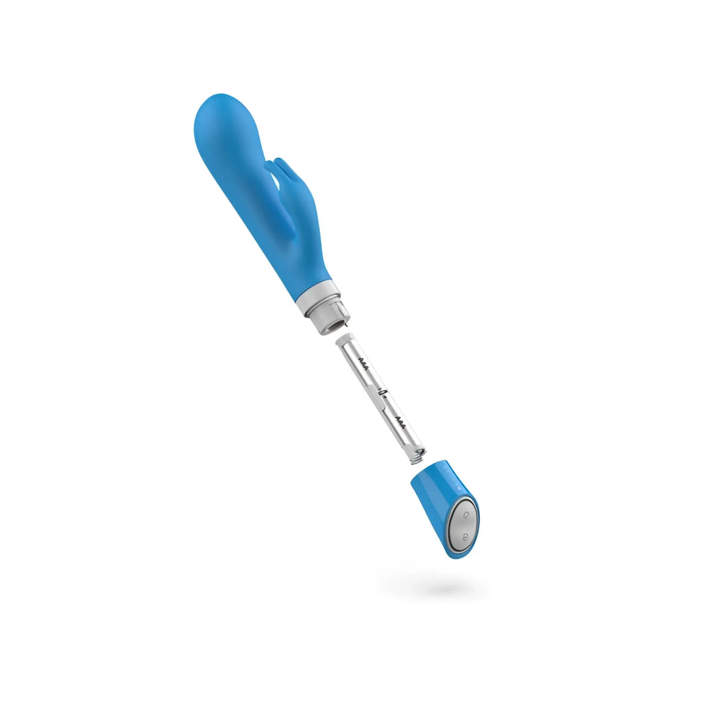 Bswish bwild deluxe bunny blue lagoon blue silicone rabbit vibrator with silver metallic shaft and detachable base