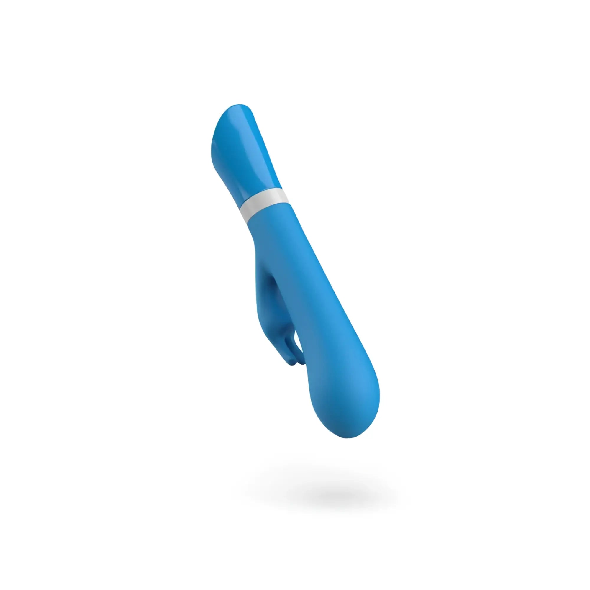 Blue silicone rabbit-shaped vibrator with silver accent band from Bswish Bwild Deluxe Bunny Blue Lagoon collection