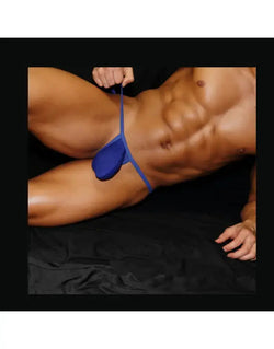 Blue mesh G-string thong underwear by Arroyman featuring a ribbed texture and minimal coverage shown on a model.