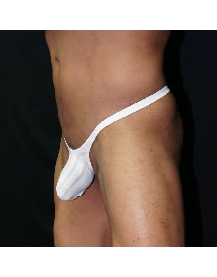 White striped thong underwear by Arroyman featuring a snug fit and minimal coverage shown on a model.