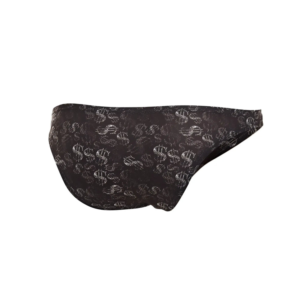 Black swim trunks called c4m01-dollar bikini with white dollar sign pattern suitable for beachwear and swimming
