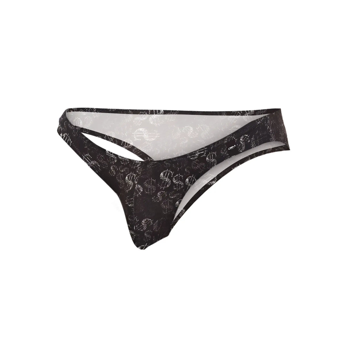 Black thong bikini with white dollar sign pattern and sheer mesh detailing from c4m01-dollar bikini collection