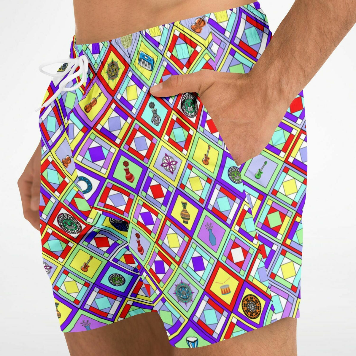 Maris Equi 1960's Style Colorful Diamond Print Retro Men's Swim Shorts Trunks