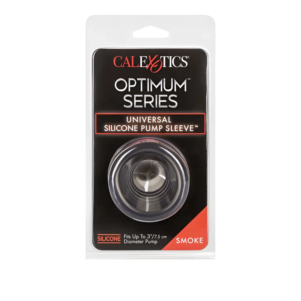 Clear silicone pump sleeve for smoke-colored dildo packaged in black and red calexics optimum series blister pack
