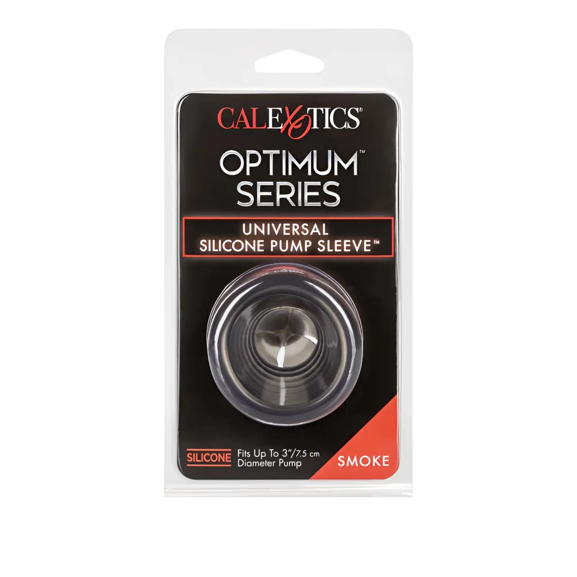 Clear silicone pump sleeve for smoke-colored dildo packaged in black and red calexics optimum series blister pack