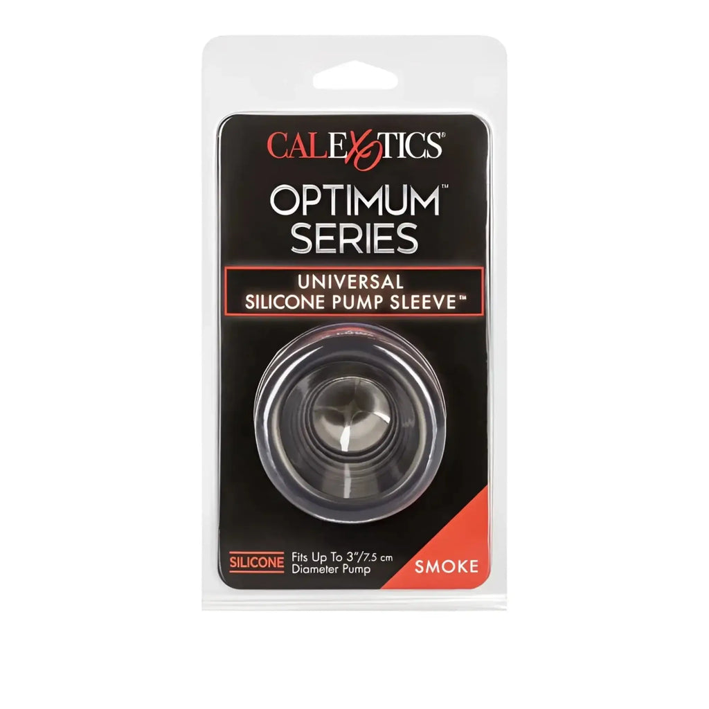Clear silicone pump sleeve for smoke-colored dildo packaged in black and red calexics optimum series blister pack
