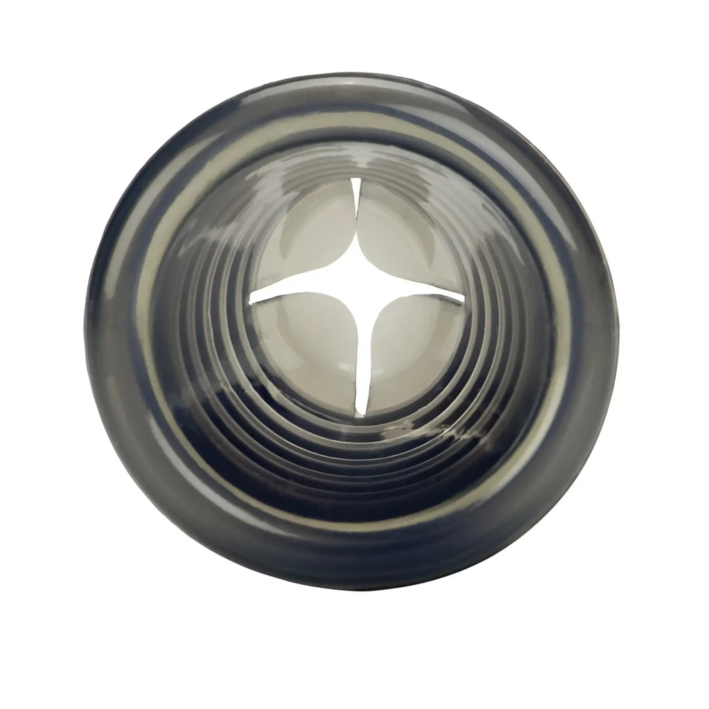 Dark gray circular silicone pump sleeve with concentric rings and star-shaped cutout for calex universal pump