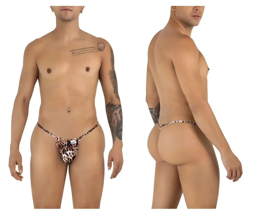 CandyMan 9586 animal print G-string shown in front and back views on a model.