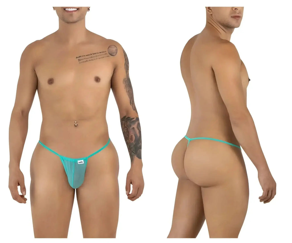CandyMan 9586 G-String in aqua mesh, showing front and back views on a male model.