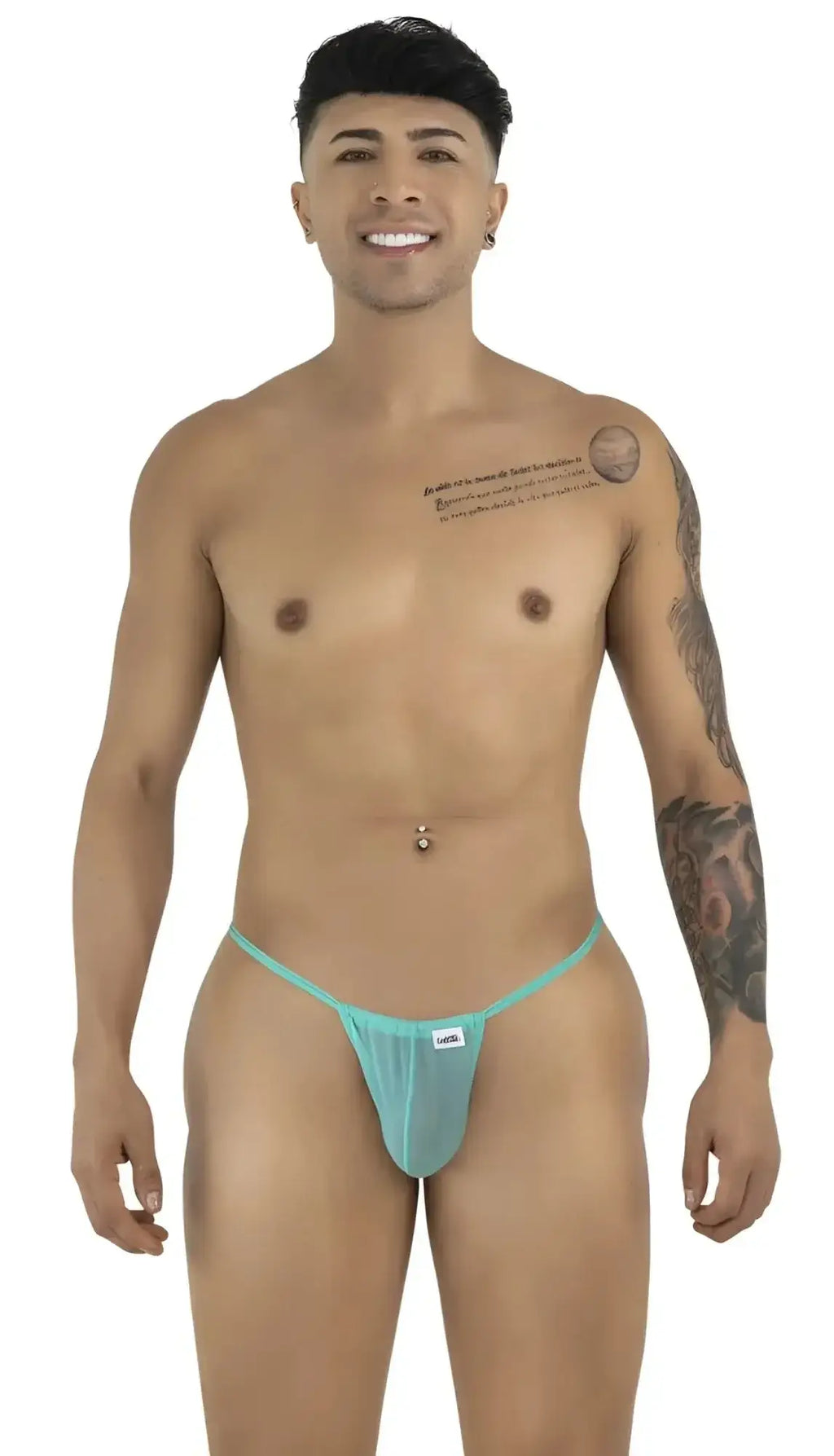 Front view of a man wearing the CandyMan 9586 G-String in aqua mesh.