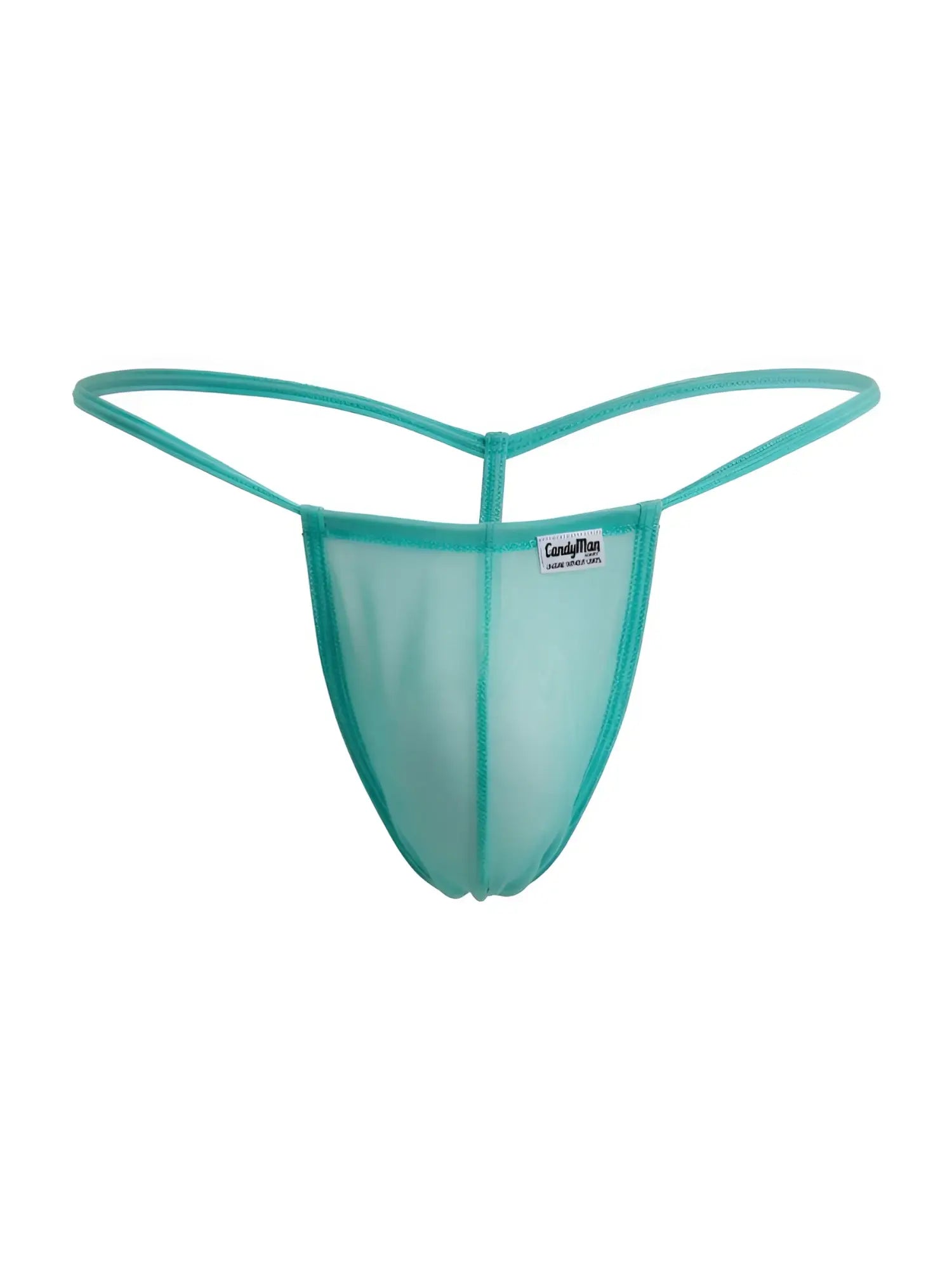 Front view of the CandyMan 9586 G-String in aqua mesh.